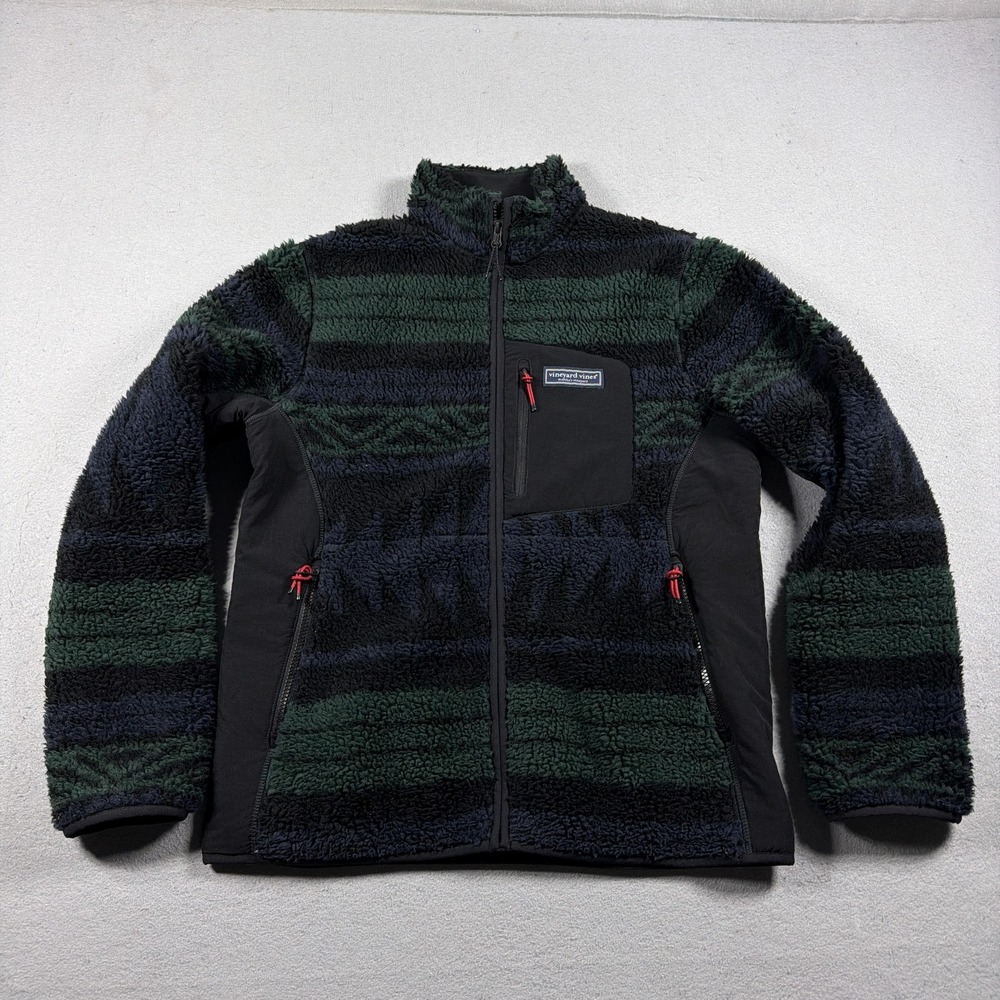 Vineyard Vines Jacket Mens Small Green Striped Fleece Full Zip Sherpa Aztec